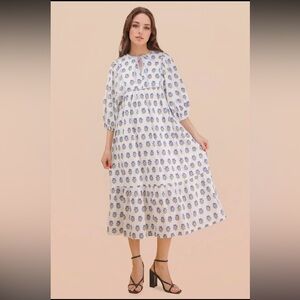 Very J Blue & White Spring Floral Midi Dress